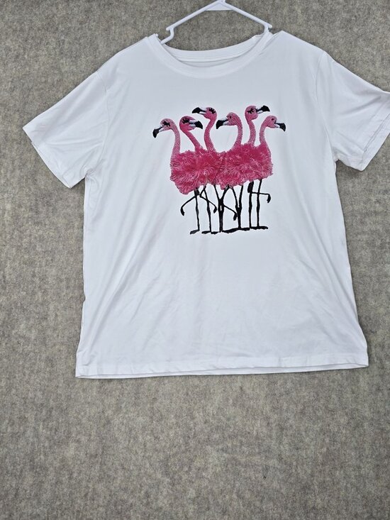 Funny Flamingo Graphic White Short Sleeve Womens Shirt XL Polyester & Elastane - Picture 1 of 6